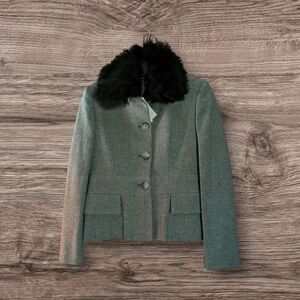 Banana Republic Gray Blazer 89% Wool with Black Faux Fur Collar